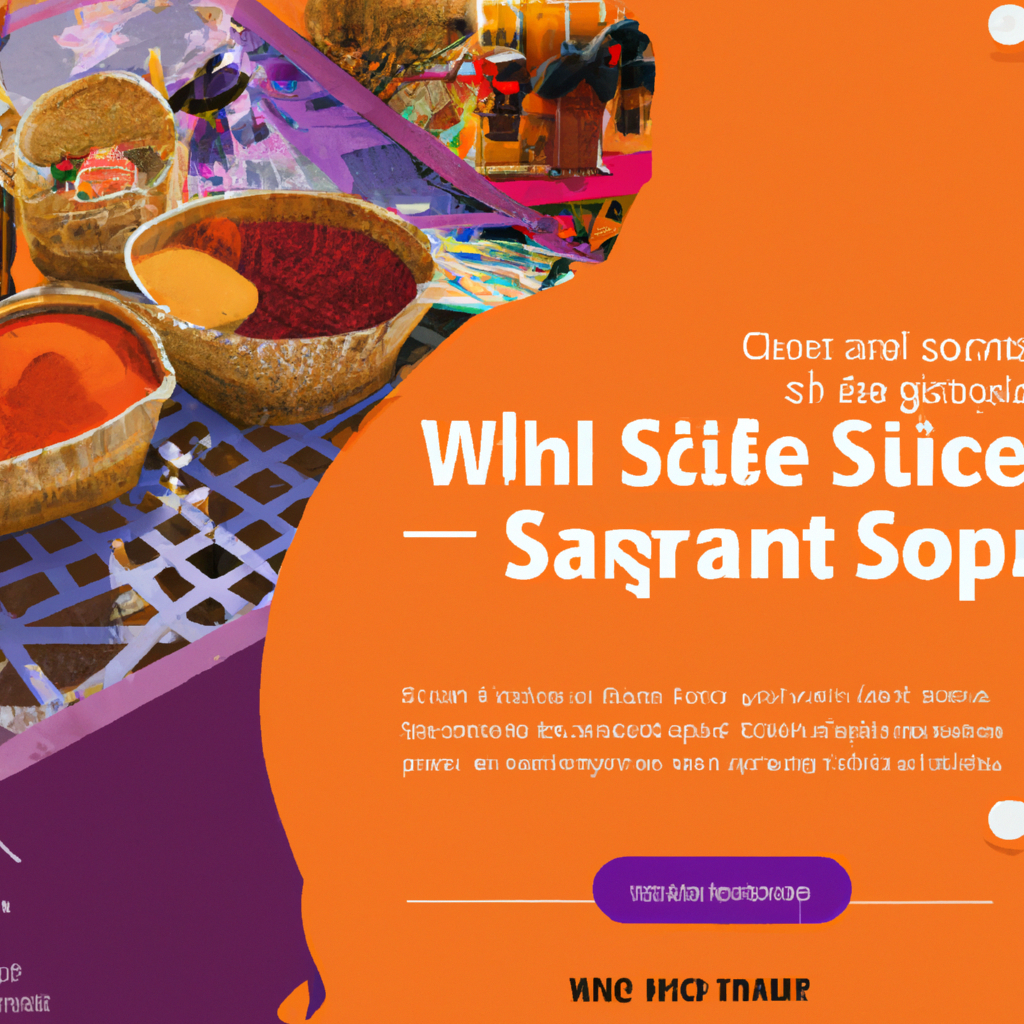 A market scene with colorful spices and a traveler chatting with a vendor